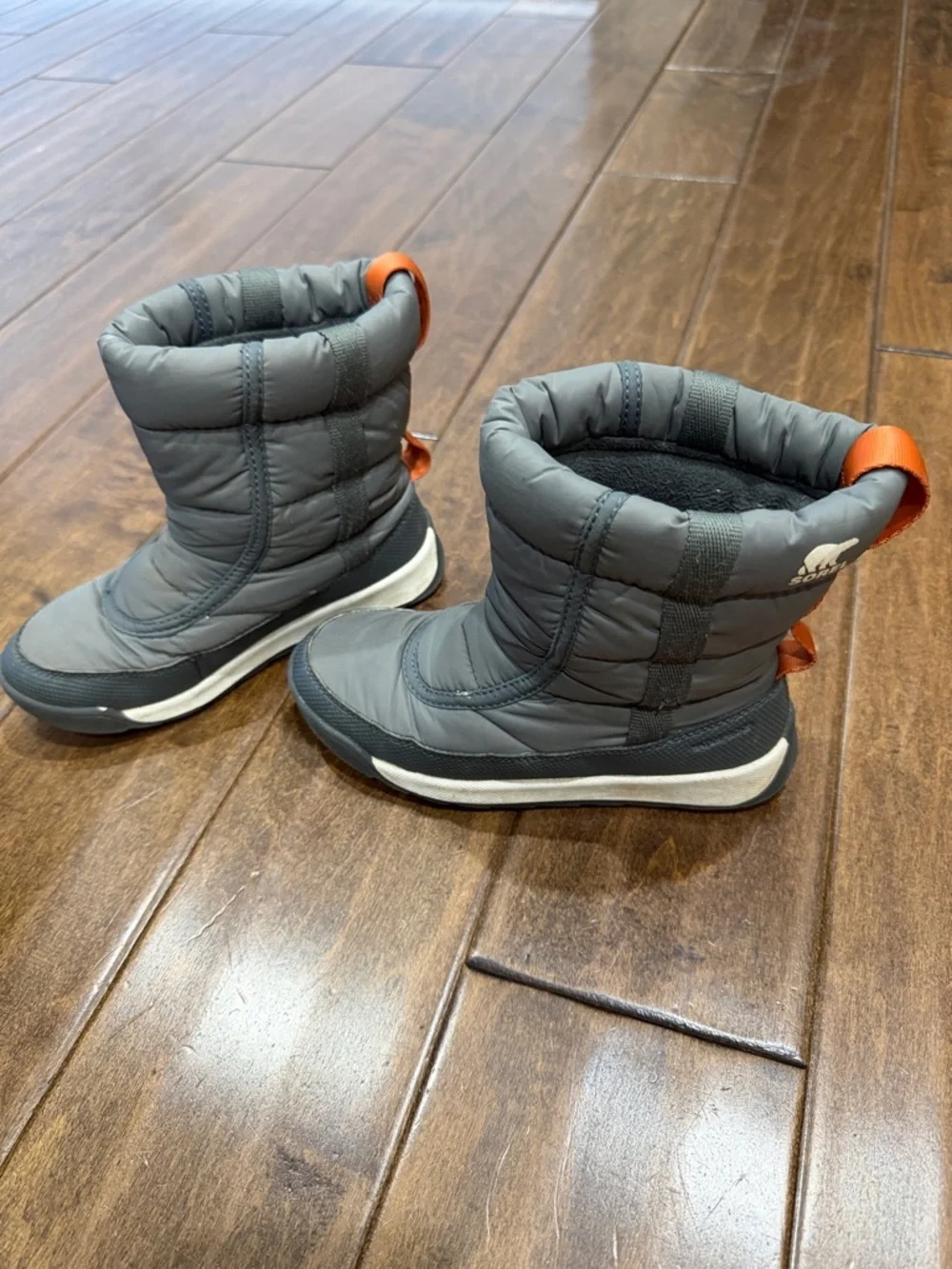 Sorel Kids Gray Winter Boots with Orange Pull Tabs
